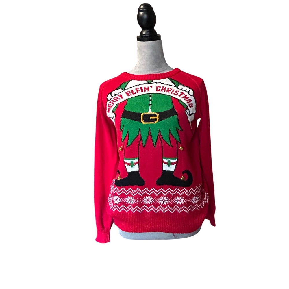 Well Worn Womens Red Elf Christmas Sweater Holiday Knit Fair Isle Size L
